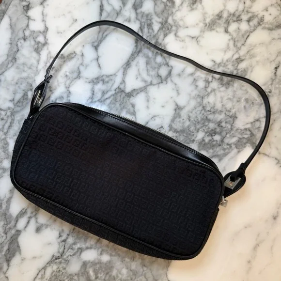 Vintage Fendi Zucca Zucchino Canvas Baguette Bag Black FF Monogram Double Zip - Picture 1 of 15